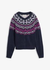 Kardigan oversize z norweskim wzorem. Białe swetry bonprix, bez wzorów, bez ramiączek. Za 99.99 zł.