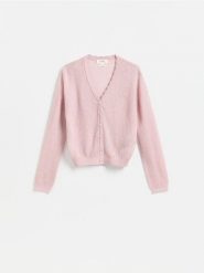 Kardigan z dodatkiem wełny - pastelowy róż. Czerwone swetry Reserved, l, bez wzorów, z dzianiny, bez ramiączek. Za 139.99 zł.