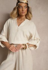 Jasnobeżowa Bluzka z Bawełny z Dekoltem w Kształcie Litery V i Kwiatowym Haftem Lisorella. Brązowe bluzki Renee, l, bez wzorów, z bawełny, eleganckie, bez kołnierzyka, bez ramiączek. W wyprzedaży za 55.99 zł.