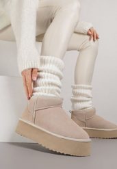 Beżowe Wsuwane Śniegowce na Platformie z Cholewką z Zamszu Naturalnego Mevelessa. Brązowe śniegowce Born2be, bez wzorów, z dzianiny, bez zapięcia. Za 169.99 zł.