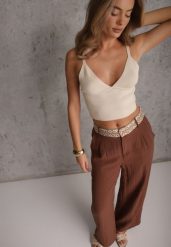 Brązowe Spodnie z Wiskozy High Waist Ozdobione Geometrycznym Motywem Iomane. Brązowe jeansy Renee, l, bez wzorów, z jeansu, casualowe, z podwyższonym stanem. Za 119.99 zł.