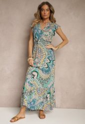 Zielono-Żółta Sukienka z Bawełny w Stylu Boho z Kopertowym Dekoltem Dillana. Zielone sukienki Renee, l, bez wzorów, z bawełny, boho, bez kołnierzyka, bez ramiączek, maxi, kopertowe. W wyprzedaży za 55.99 zł.