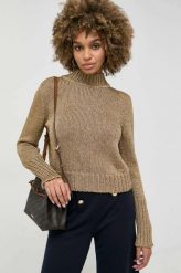 BOSS sweter damski kolor złoty ciepły z półgolfem. Żółte swetry Boss, m, bez wzorów, ze splotem, bez ramiączek. Za 1,029.90 zł.