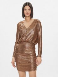 Please Sukienka koktajlowa A1XKBSX000 Złoty Slim Fit. Żółte sukienki Please, l, bez wzorów, z syntetyku, wizytowe, bez kołnierzyka, bez ramiączek. Za 259.99 zł.