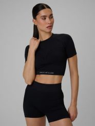 4F Crop top treningowy bezszwowy damski - czarny XS/S. Czarne topy 4f, s, bez wzorów, z materiału, sportowe, bez kołnierzyka, bez ramiączek. Za 79.99 zł.