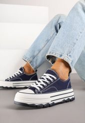 Granatowe Trampki na Grubej Podeszwie pod Kostkę Adsoria. Niebieskie trampki Born2be, bez wzorów, z jeansu, klasyczne, bez zapięcia. W wyprzedaży za 59.49 zł.