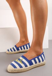 Niebieskie Espadryle przed Kostkę na Plecionej Podeszwie w Paski i z Napisem Hearta. Niebieskie espadryle Renee, bez wzorów, z jeansu, bez obcasa. W wyprzedaży za 29.99 zł.