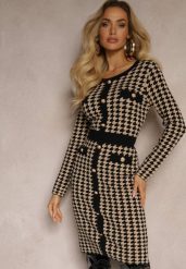 Czarno-Beżowa Sweterkowa Sukienka z Wiskozą w Pipetkę w Eleganckim Stylu Delassea. Czarne sukienki Renee, s, bez wzorów, z dzianiny, eleganckie, bez kołnierzyka, bez ramiączek. W wyprzedaży za 95.99 zł.