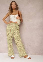 Jasnozielone Szerokie Spodnie w Fantazyjny Print Bawełniane Rosabella. Zielone jeansy Renee, z aplikacjami, z bawełny, eleganckie, długie. W wyprzedaży za 50.99 zł.