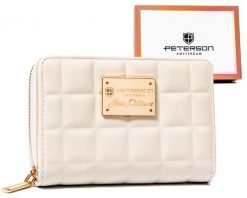 Pikowany, beżowy portfel damski ze skóry ekologicznej mieszczący dowód rejestracyjny - Peterson. Brązowe portfele Peterson, bez wzorów, ze skóry ekologicznej. Za 36.00 zł.