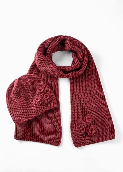 Szal + czapka (2 części). Czerwone szaliki i kominy bonprix, na zimę, z aplikacjami. Za 99.99 zł.