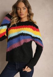 Czarny Sweter Ozdobiony Ukośnymi Paskami Zenstina. Czarne swetry Renee, bez wzorów, z jeansu, casualowe, bez ramiączek. W wyprzedaży za 119.99 zł.