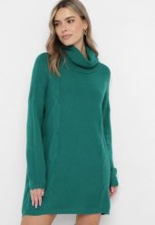 Ciemnozielony Golf Oversize o Wydłużonym Fasonie z Ozdobnym Wzorem Melisanda. Zielone swetry Born2be, bez wzorów, bez ramiączek. W wyprzedaży za 101.99 zł.