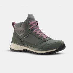 Buty turystyczne damskie Quechua NH500 Mid skóra wodoodporne. Szare buty trekkingowe QUECHUA, ze skóry, przed kolano, bez zapięcia. Za 269.99 zł.