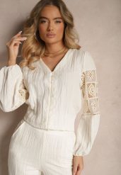 Beżowa Koszula z Bawełny z Koronką i Haftowanymi Zdobieniami Galedia. Brązowe koszule Renee, l, z aplikacjami, z bawełny, eleganckie, bez kołnierzyka, bez ramiączek. W wyprzedaży za 99.99 zł.