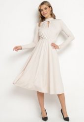 Beżowa Rozkloszowana Sukienka z Ozdobnym Wycięciem i Usztywnioną Linią Ramion Rivfedi. Brązowe sukienki Born2be, na co dzień, l, bez wzorów, eleganckie, bez kołnierzyka, bez ramiączek, midi, proste. W wyprzedaży za 127.49 zł.