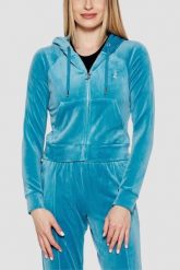 JUICY COUTURE Niebieska damska bluza Madison, Rozmiar L. Niebieskie bluzy Juicy Couture, l, bez wzorów, z materiału, klasyczne, bez ramiączek, z kapturem. Za 459.99 zł.