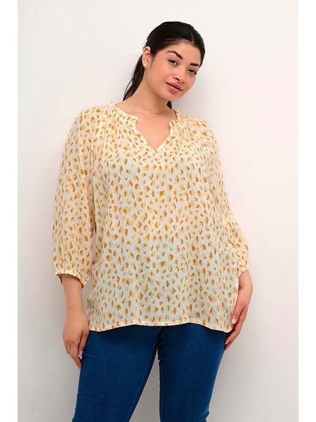 KAFFE curve Bluzka w kolorze biało-żółtym rozmiar: 52. Białe bluzki KAFFE curve, bez wzorów, z wiskozy, bez kołnierzyka, bez ramiączek. Za 114.45 zł.