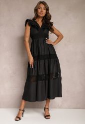 Czarna Rozkloszowana Sukienka Maxi z Koronką i Wiązaniem na Plecach Iofia. Czarne sukienki Renee, na imprezę, m, w ażurowe wzory, z koronki, eleganckie, bez kołnierzyka, bez ramiączek, maxi, rozkloszowane. W wyprzedaży za 175.99 zł.