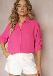 Fuksjowa Koszula z Kołnierzem i Długimi Rękawami na Guzik Henvia. Czerwone koszule Renee, plus size, bez wzorów, bez kołnierzyka, plus size, bez ramiączek. Za 34.99 zł.