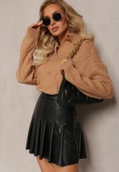 Brązowy Sweter z Dekoltem w Serek i Ozdobnym Splotem Travissa. Brązowe swetry Renee, bez wzorów, ze splotem, casualowe, bez ramiączek. Za 109.99 zł.