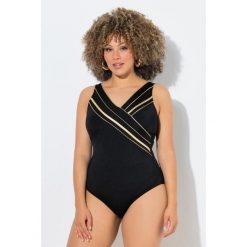 Damskie Strój kąpielowy złota lamówka w kopertowym stylu miękkie miseczki. Czarne stroje jednoczęściowe Ulla Popken, bez wzorów, z elastanu, sportowe. Za 239.99 zł.