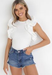 Biały Top z Falbanami przy Ramionach Suenia. Białe bluzki Born2be, m, bez wzorów, bez kołnierzyka, bez ramiączek. Za 109.99 zł.