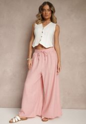 Różowe Szerokie Spodnie High Waist Ozdobione Wiązaniem Telonia. Czerwone jeansy Renee, xl, bez wzorów, z jeansu, eleganckie, z podwyższonym stanem. W wyprzedaży za 29.99 zł.