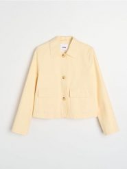 Bawełniana kurtka z kołnierzykiem i twillowym wykończeniem - żółty. Żółte kurtki Sinsay, l, bez wzorów, z bawełny, bez kaptura. Za 69.99 zł.