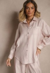 Jasnoróżowa Koszula Oversize w Klasycznym Stylu z Kieszonką Liozira. Czerwone koszule Renee, l, bez wzorów, biznesowe, bez kołnierzyka, bez ramiączek. W wyprzedaży za 91.99 zł.