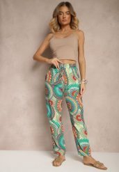 Zielone Szerokie Spodnie z Bawełny High Waist w Abstrakcyjny Wzór Jorivaess. Zielone jeansy Renee, bez wzorów, z bawełny, biznesowe, z podwyższonym stanem. W wyprzedaży za 20.99 zł.