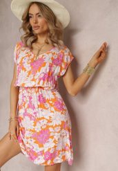 Pomarańczowa Rozkloszowana Mini Sukienka z Wiskozy w Kwiatowy Print i z Gumką w Pasie Yapta. Brązowe sukienki Renee, l, bez wzorów, z wiskozy, bez kołnierzyka, bez ramiączek, mini, rozkloszowane. W wyprzedaży za 31.49 zł.