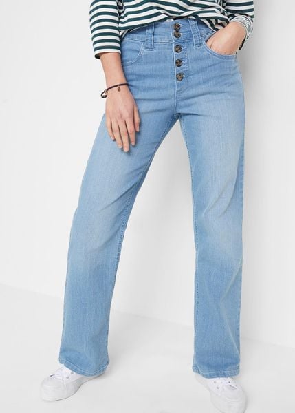 Jeansy ze stretchem, high waist, straight. Niebieskie jeansy bonprix, bez wzorów, z jeansu, z podwyższonym stanem. Za 102.99 zł.