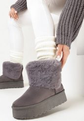 Szare Śniegowce z Futerkiem na Platformie Ilama. Szare śniegowce Born2be, z aplikacjami, bez zapięcia. W wyprzedaży za 135.99 zł.