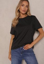 Czarny T-shirt z Wiskozą Ozdobiony Cyrkoniami Sanelisea. Czarne t-shirty Renee, l, bez wzorów, z jeansu, bez kołnierzyka, bez ramiączek. W wyprzedaży za 75.99 zł.