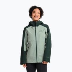 Kurtka przeciwdeszczowa damska Jack Wolfskin Wildbound 2L. Zielone kurtki przeciwdeszczowe Jack Wolfskin, l, bez wzorów, z materiału, bez kaptura, trekkingowe. Za 678.35 zł.