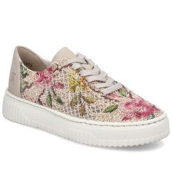 Półbuty damskie ażurowe w kwiaty beżowe Rieker N9919-91. Brązowe półbuty wsuwane Rieker, w ażurowe wzory, z tkaniny, bez obcasa. Za 349.00 zł.