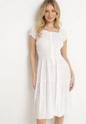 Biała Bawełniana Rozkloszowana Sukienka z Guzikami i Bufiastymi Rękawami Annivi. Białe sukienki Born2be, na co dzień, l, bez wzorów, z bawełny, eleganckie, bez kołnierzyka, bez ramiączek, midi, rozkloszowane. W wyprzedaży za 38.24 zł.