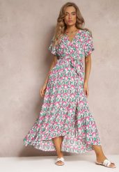 Różowa Sukienka z Wiskozy i Kopertowym Dekoltem w Fantazyjny Print Abai. Czerwone sukienki Renee, l, z aplikacjami, z wiskozy, bez kołnierzyka, bez ramiączek, maxi, kopertowe. W wyprzedaży za 67.99 zł.