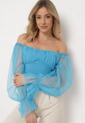 Niebieska Bluzka Hiszpanka z Bufiastymi Siateczkowymi Rękawami Remeda. Niebieskie bluzki Born2be, m, bez wzorów, z tiulu, eleganckie, bez kołnierzyka, bez ramiączek. Za 149.99 zł.