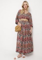 Czarno-Bordowa Długa Sukienka Rozkloszowana z Rękawami 3/4 we Wzór Paisley Amarethia. Czarne sukienki Born2be, m, bez wzorów, boho, bez kołnierzyka, bez ramiączek, maxi, rozkloszowane. W wyprzedaży za 76.99 zł.