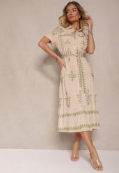 Beżowa Koszulowa Sukienka z Wiskozy Ozdobiona Paskiem i Haftem Divirea. Brązowe sukienki Renee, na co dzień, l, z aplikacjami, z materiału, eleganckie, bez kołnierzyka, bez ramiączek, midi, koszulowe. W wyprzedaży za 119.99 zł.