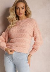 Różowy Sweter o Krótszym Luźnym Fasonie Olimppia. Czerwone swetry Renee, na zimę, bez wzorów, casualowe, bez ramiączek. W wyprzedaży za 71.99 zł.