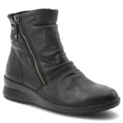 Botki damskie Rieker o wygodnym fasonie z marszczoną cholewką ozdobnym zamkiem i lekką podeszwą czarne, L4864-00 Black. Czarne botki Rieker, bez wzorów, z jeansu, eleganckie, bez obcasa, bez zapięcia. Za 439.00 zł.