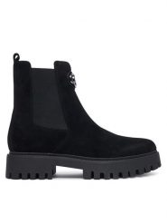 Guess Sztyblety FLTF2D SUE10 Czarny. Czarne botki Guess, z aplikacjami, ze skóry, bez obcasa, na płaskiej podeszwie, bez zapięcia. Za 674.99 zł.