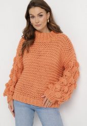 Pomarańczowy Golf w Ozdobny Splot Asaipal. Brązowe swetry Born2be, bez wzorów, z dzianiny, bez ramiączek. Za 94.99 zł.