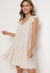 Jasnobeżowa Rozkloszowana Sukienka z Bawełny Ozdobiona Falbankami Natiriane. Brązowe sukienki Born2be, na co dzień, l, bez wzorów, z bawełny, eleganckie, bez kołnierzyka, bez ramiączek, mini, rozkloszowane. W wyprzedaży za 38.24 zł.
