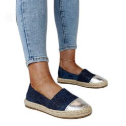 Granatowo-srebrne błyszczące espadryle Surana niebieskie. Niebieskie espadryle bez wzorów, z materiału, eleganckie, z okrągłym noskiem, bez obcasa. Za 81.83 zł.