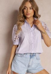 Fioletowa Koszula z Ozdobnym Kołnierzem i Rękawami z Koronkowymi Wstawkami Brixta. Fioletowe koszule Renee, m, bez wzorów, z jeansu, eleganckie, bez kołnierzyka, bez ramiączek. W wyprzedaży za 104.99 zł.