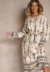 Jasnobeżowa Pudełkowa Sukienka Boho w Etniczne Wzory z Paskiem Lisalenea. Brązowe sukienki Renee, na co dzień, s, bez wzorów, boho, bez kołnierzyka, bez ramiączek, midi. W wyprzedaży za 83.99 zł.